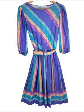 VTG 80s Walden Secretary Dress 12 Retro Purple Pastel Long Sleeve Belt Easter